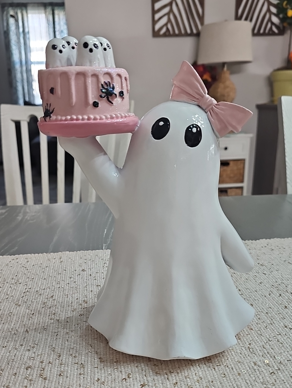New! Pink Bow Ghost Holding Ghost Cake